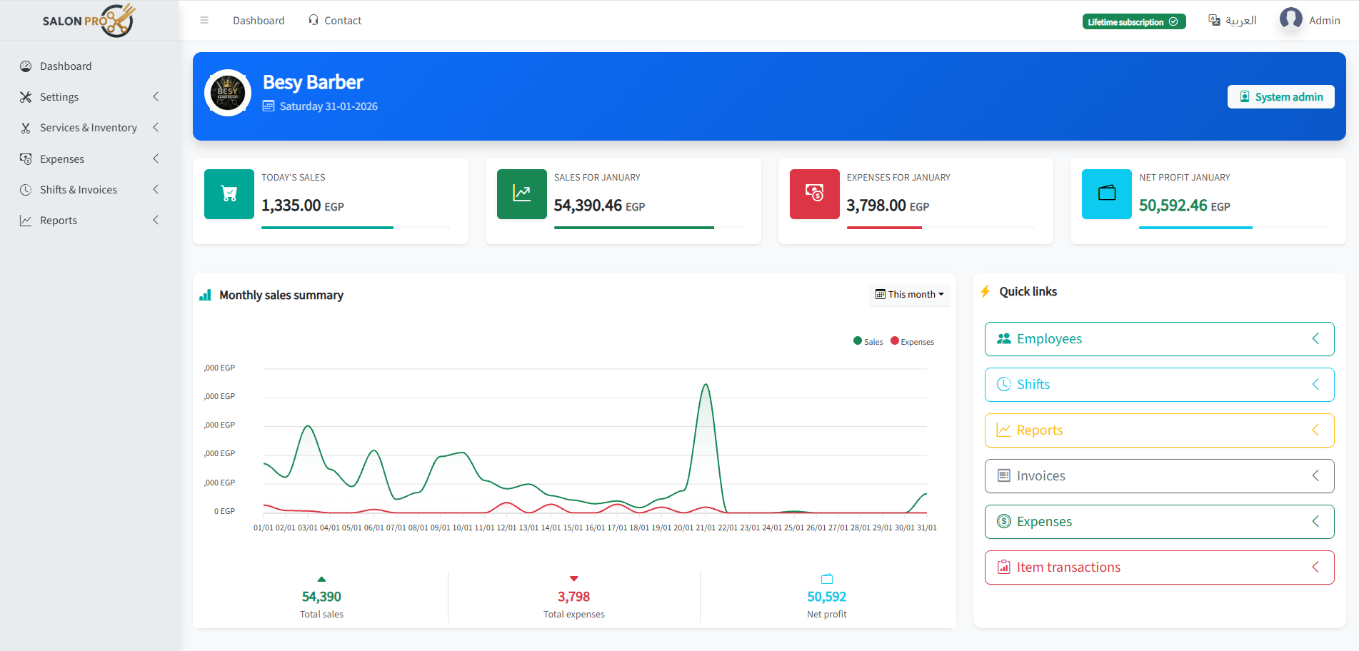 Salon Pro dashboard screenshots for invoices and reports